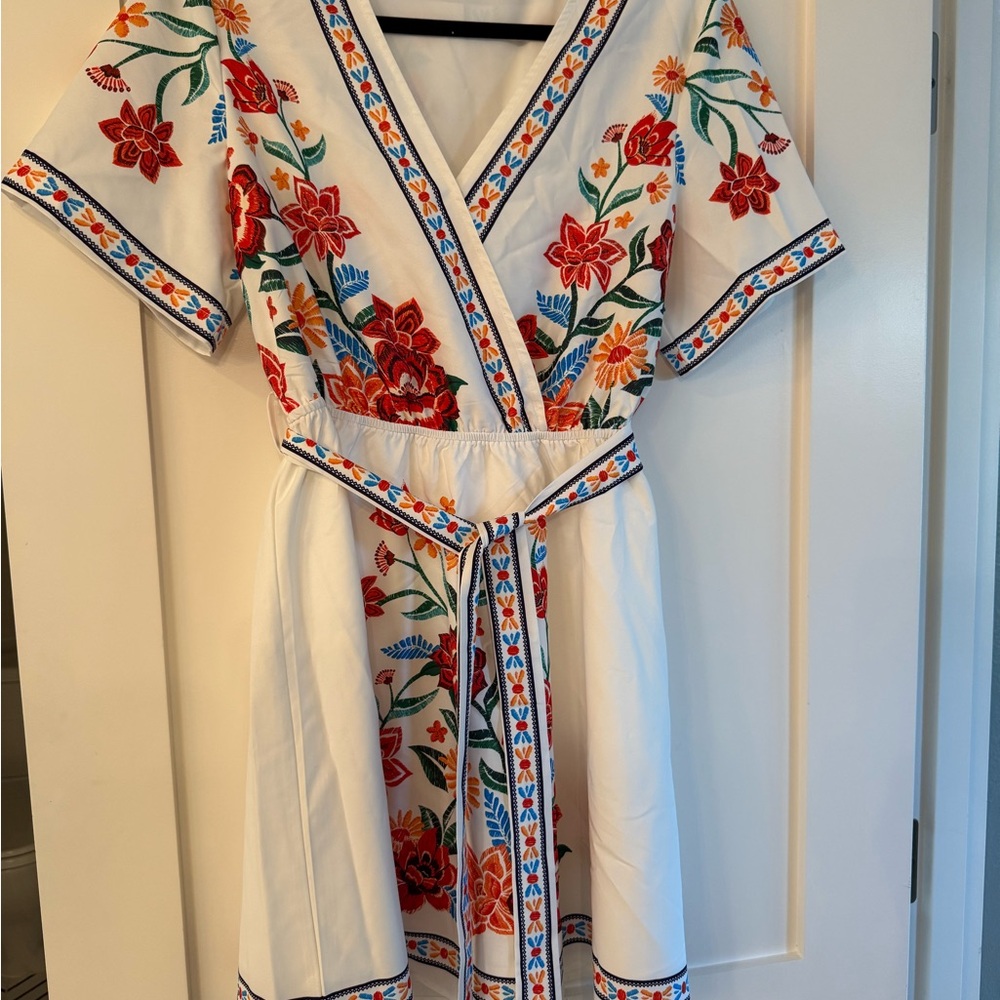 Embroidered Floral Midi Dress in White with Red Accents